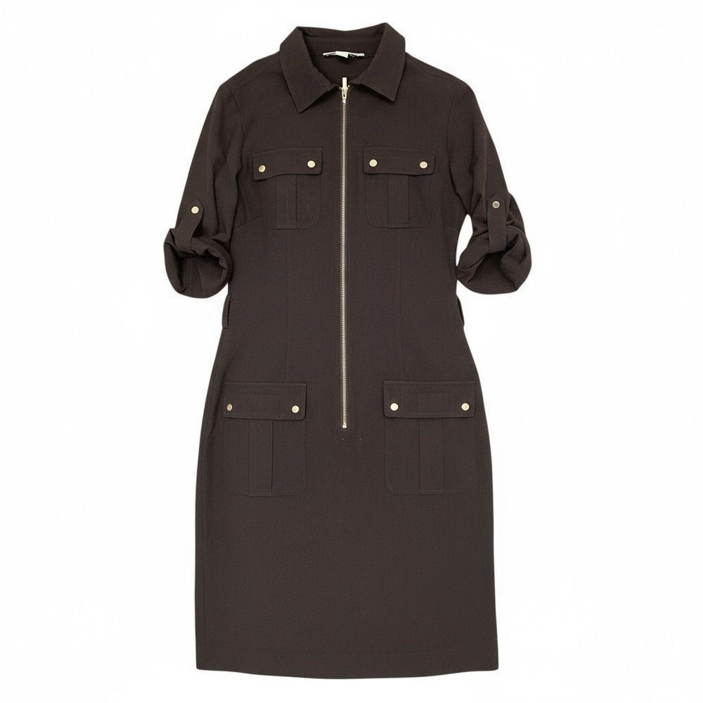 Michael Michael Kors Brown Utility Shirt Dress Zip‎ Front Gold Hardware Size M